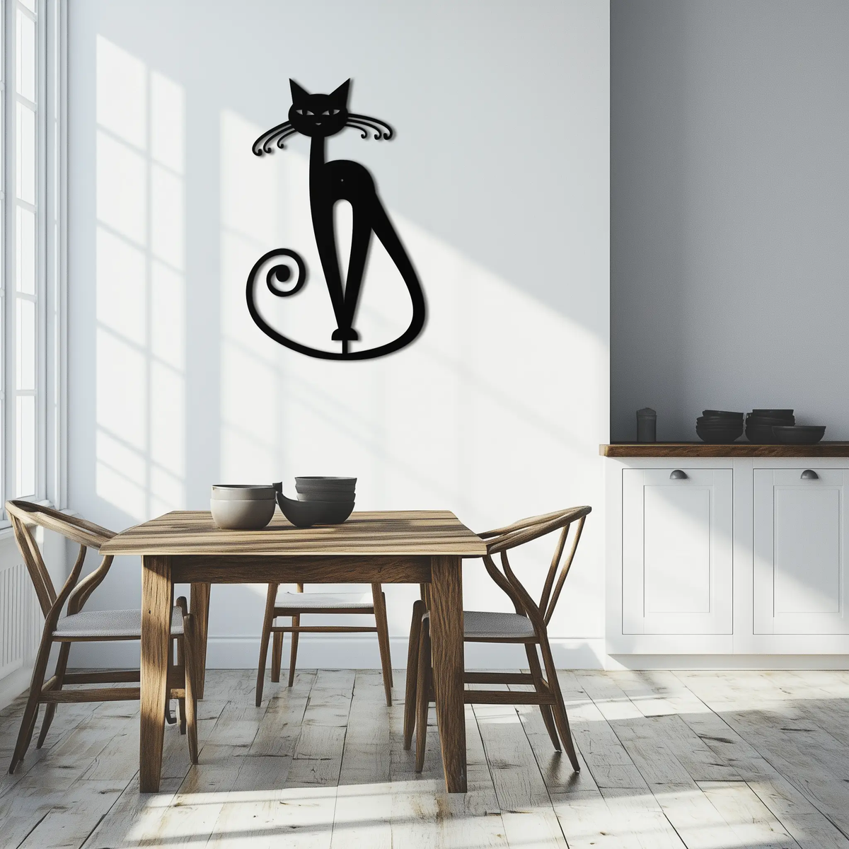 Elegant Cat Metal Wall Art - Geometric Black Metal Wall Sculpture - KAF052 by Enova Art
