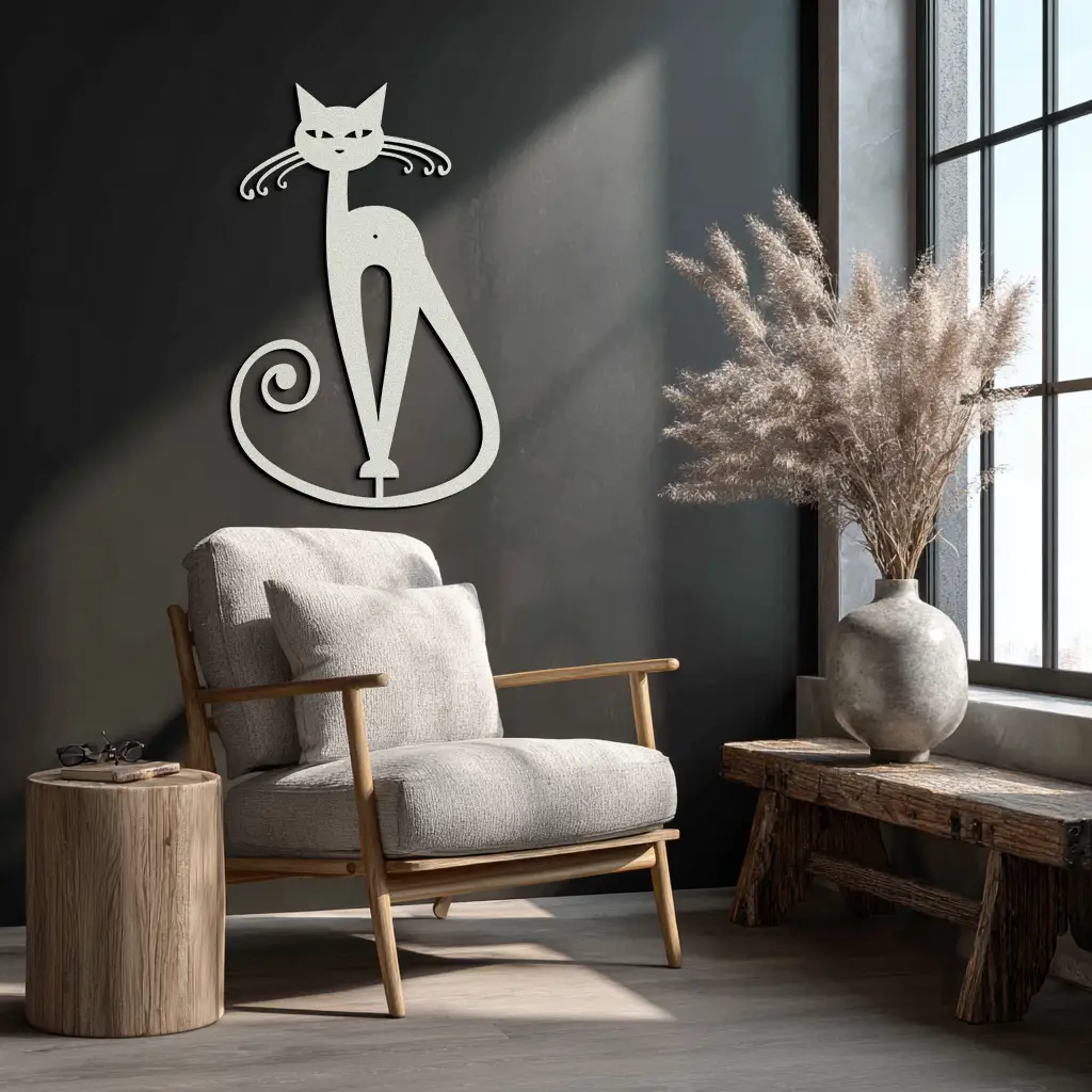 Elegant Cat Metal Wall Art - Geometric Black Metal Wall Sculpture - KAF052 by Enova Art