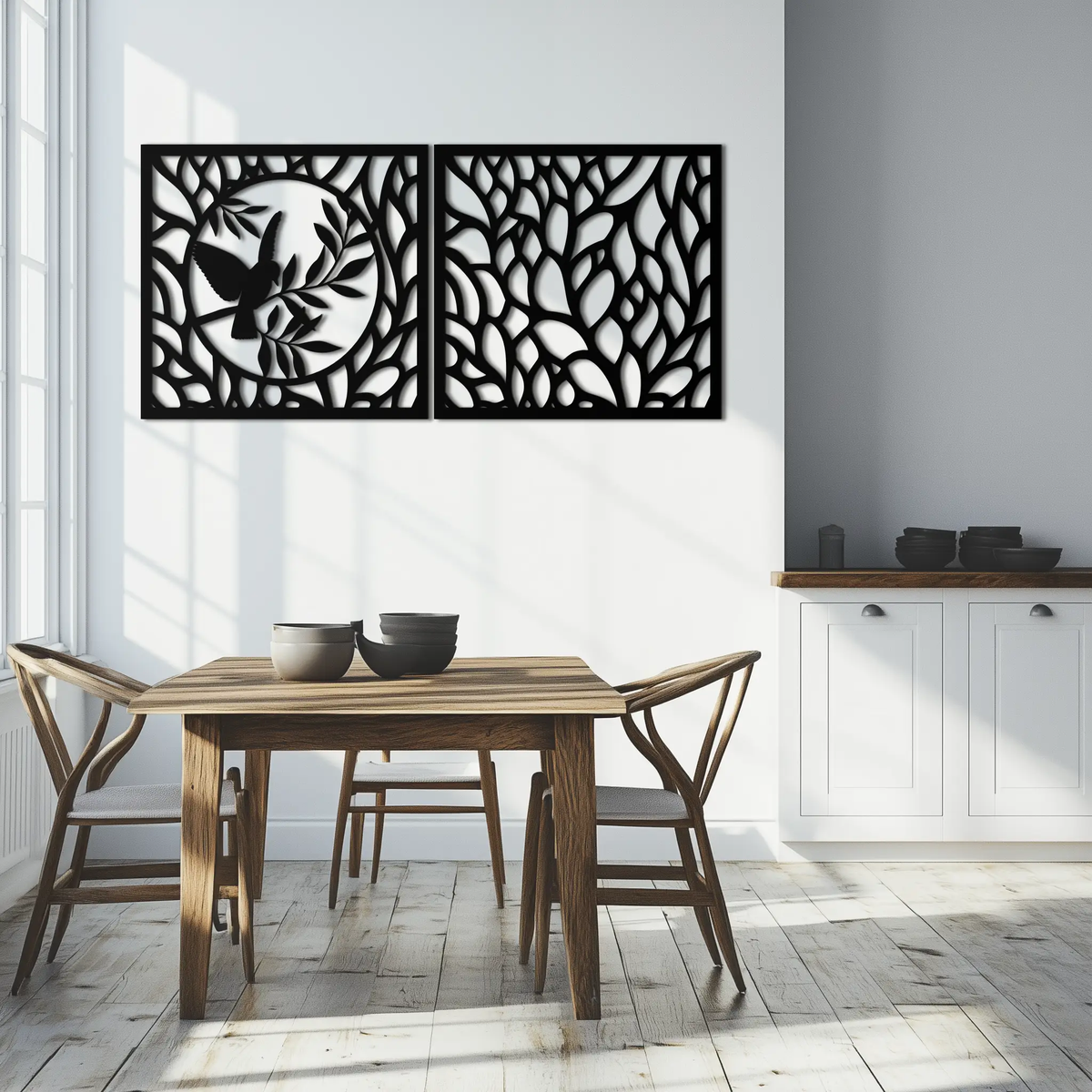 Hummingbird & Leaves Metal Wall Art - Elegant Dual Panel Steel Decor - KAF054 by Enova Art