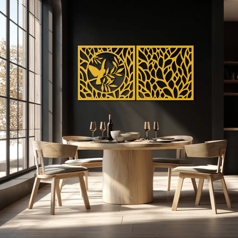 Hummingbird & Leaves Metal Wall Art - Elegant Dual Panel Steel Decor - KAF054 by Enova Art