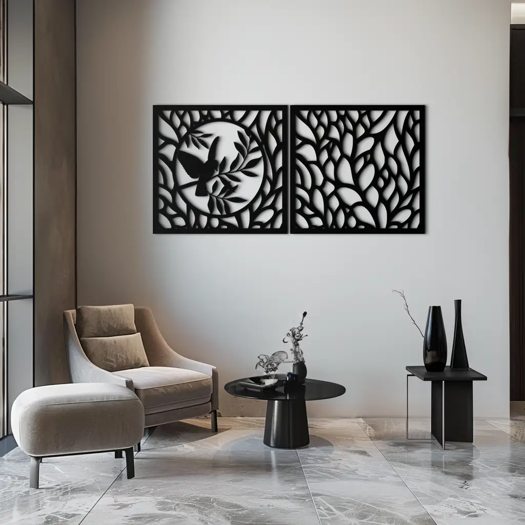 Hummingbird & Leaves Metal Wall Art - Elegant Dual Panel Steel Decor - KAF054 by Enova Art