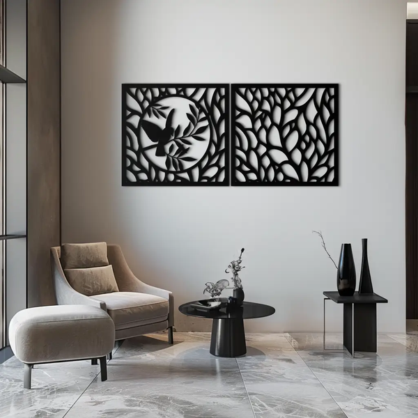 Hummingbird & Leaves Metal Wall Art - Elegant Dual Panel Steel Decor - KAF054