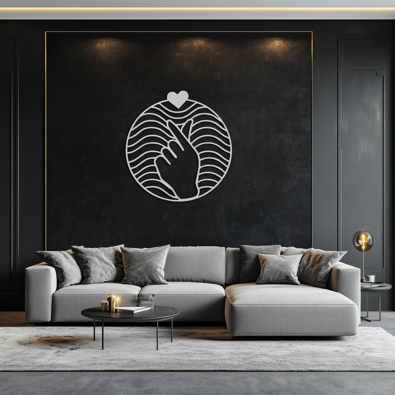 Heart Finger Love Sign Metal Wall Art - Round Minimalist Steel Decor - KAF056 by Enova Art