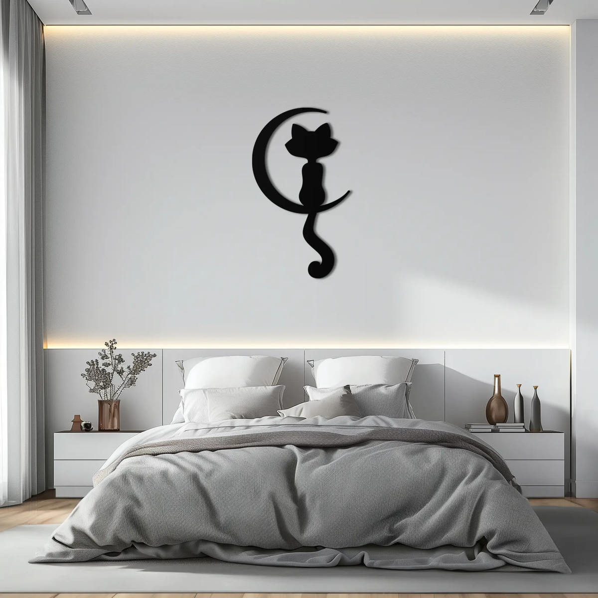 Moonlight Cat Metal Wall Art - Elegant Feline Silhouette Decor - KAF058 by Enova Art