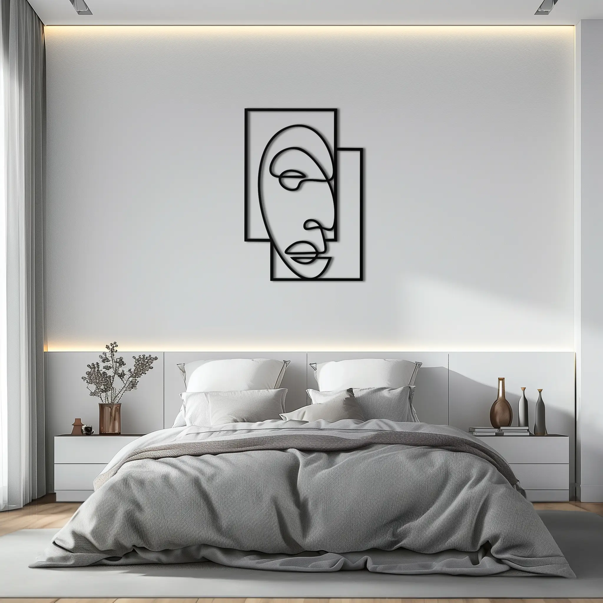 Abstract Minimalist Face Metal Wall Art – Modern Geometric Line Art - KAF064 by Enova Art