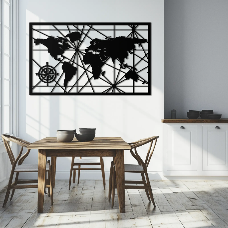Geometric World Map Metal Wall Art - Modern Minimalist Steel Wall Decor - KAF098 by Enova Art