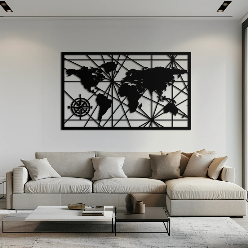 Geometric World Map Metal Wall Art - Modern Minimalist Steel Wall Decor - KAF098 by Enova Art