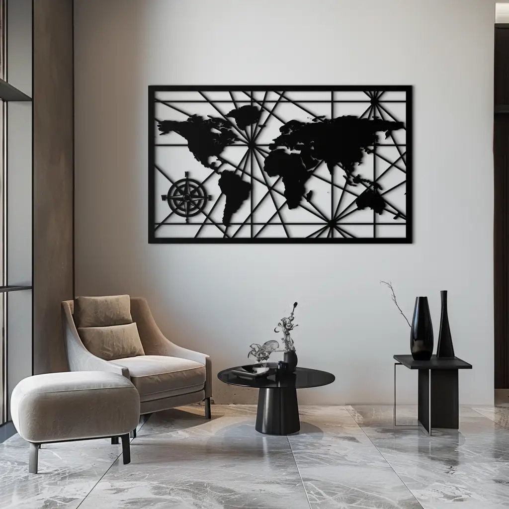 Geometric World Map Metal Wall Art - Modern Minimalist Steel Wall Decor - KAF098 by Enova Art