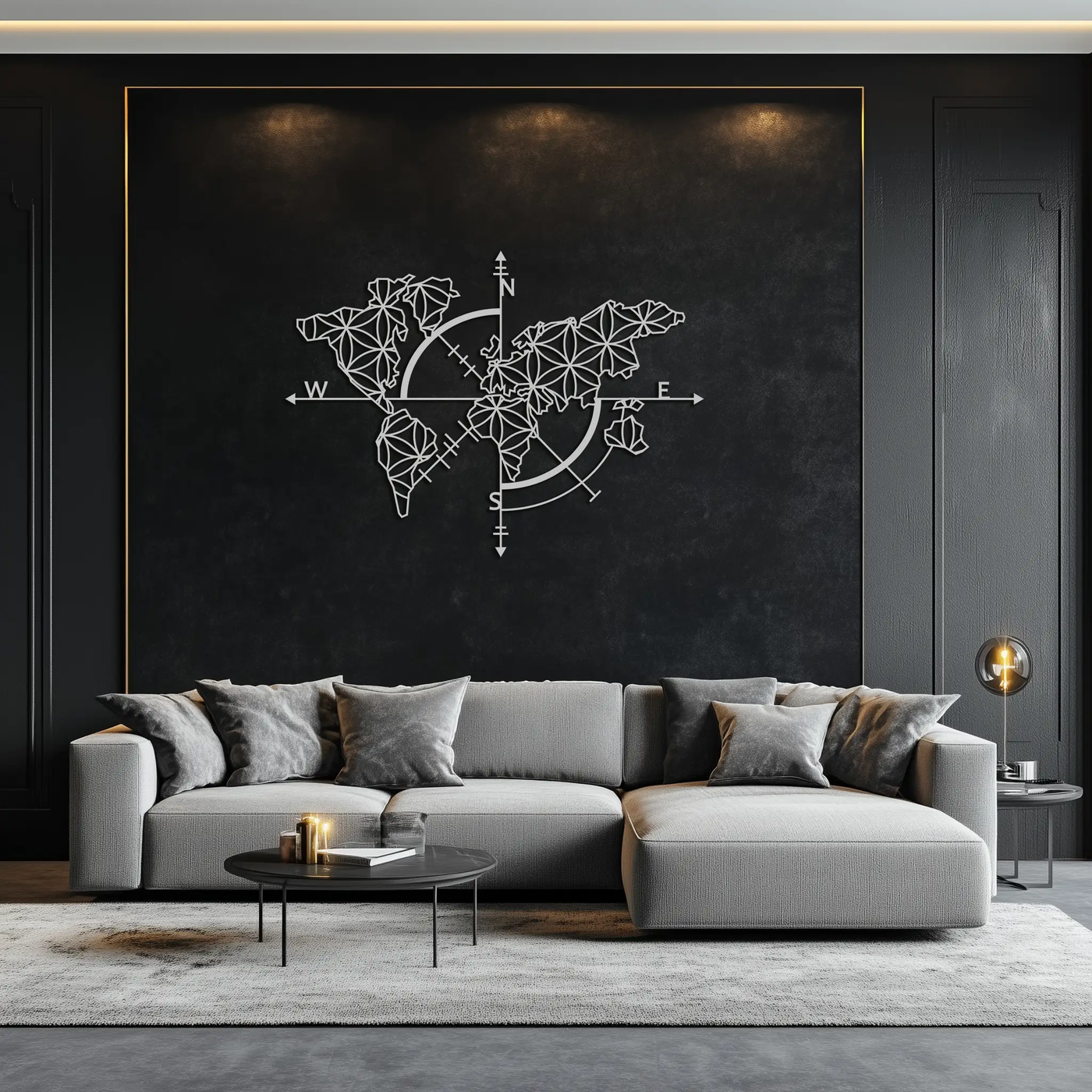 Geometric World Map Metal Wall Art - Modern Compass Wall Decor - KAF099 by Enova Art