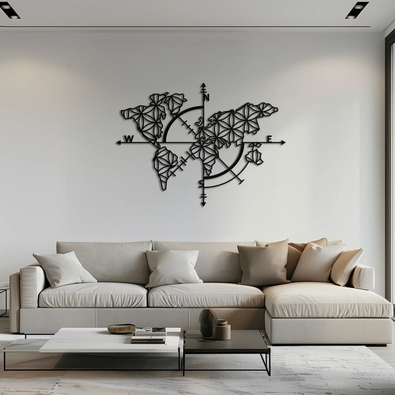 Geometric World Map Metal Wall Art - Modern Compass Wall Decor - KAF099 by Enova Art