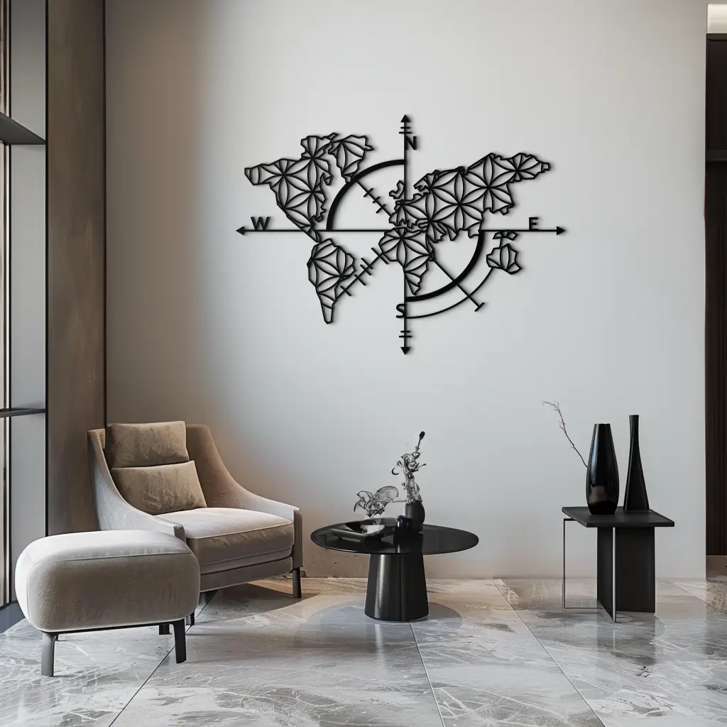 Geometric World Map Metal Wall Art - Modern Compass Wall Decor - KAF099 by Enova Art