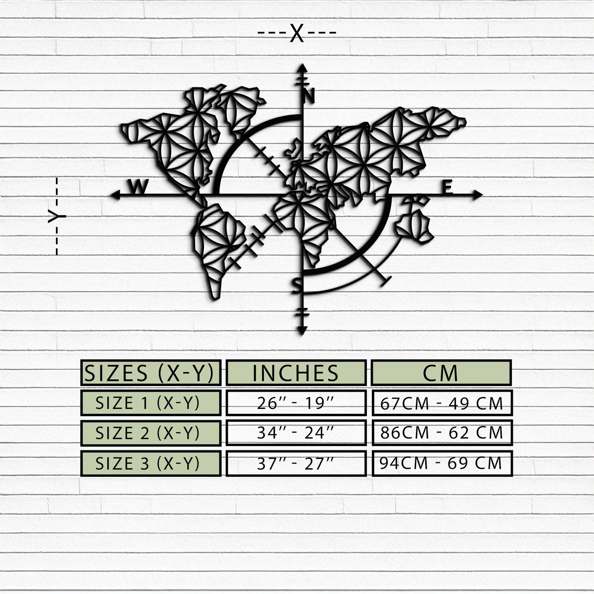 Geometric World Map Metal Wall Art - Modern Compass Wall Decor - KAF099 by Enova Art