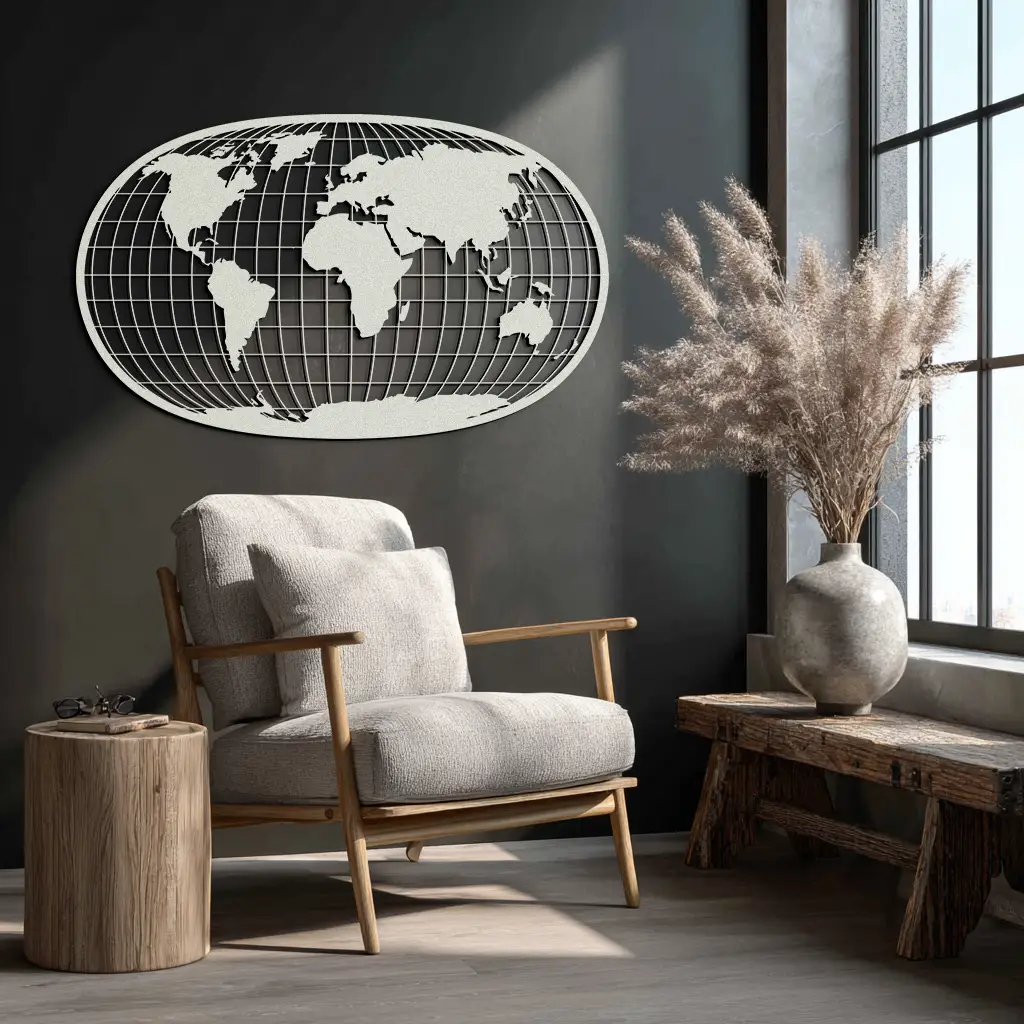 World Map Metal Wall Art - Globe Projection Steel Wall Decor - KAF103 by Enova Art