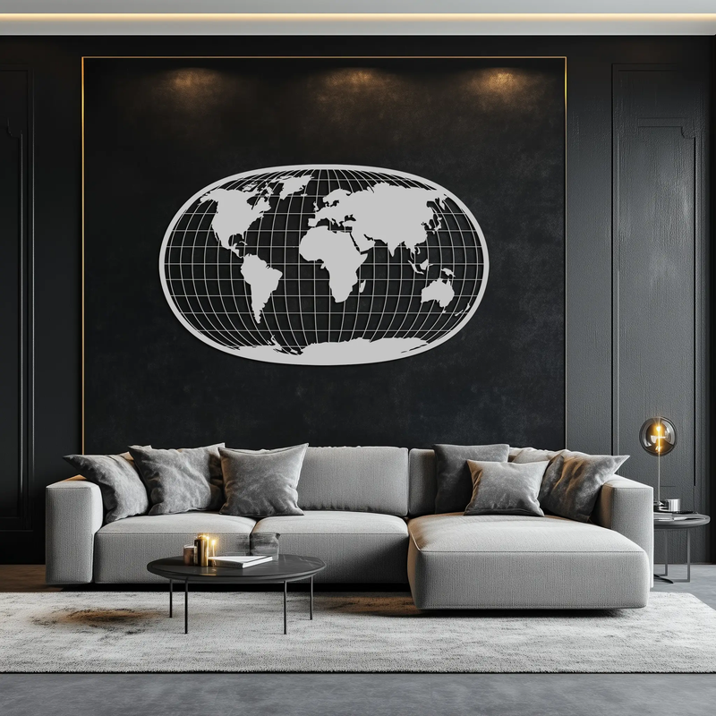 World Map Metal Wall Art - Globe Projection Steel Wall Decor - KAF103 by Enova Art