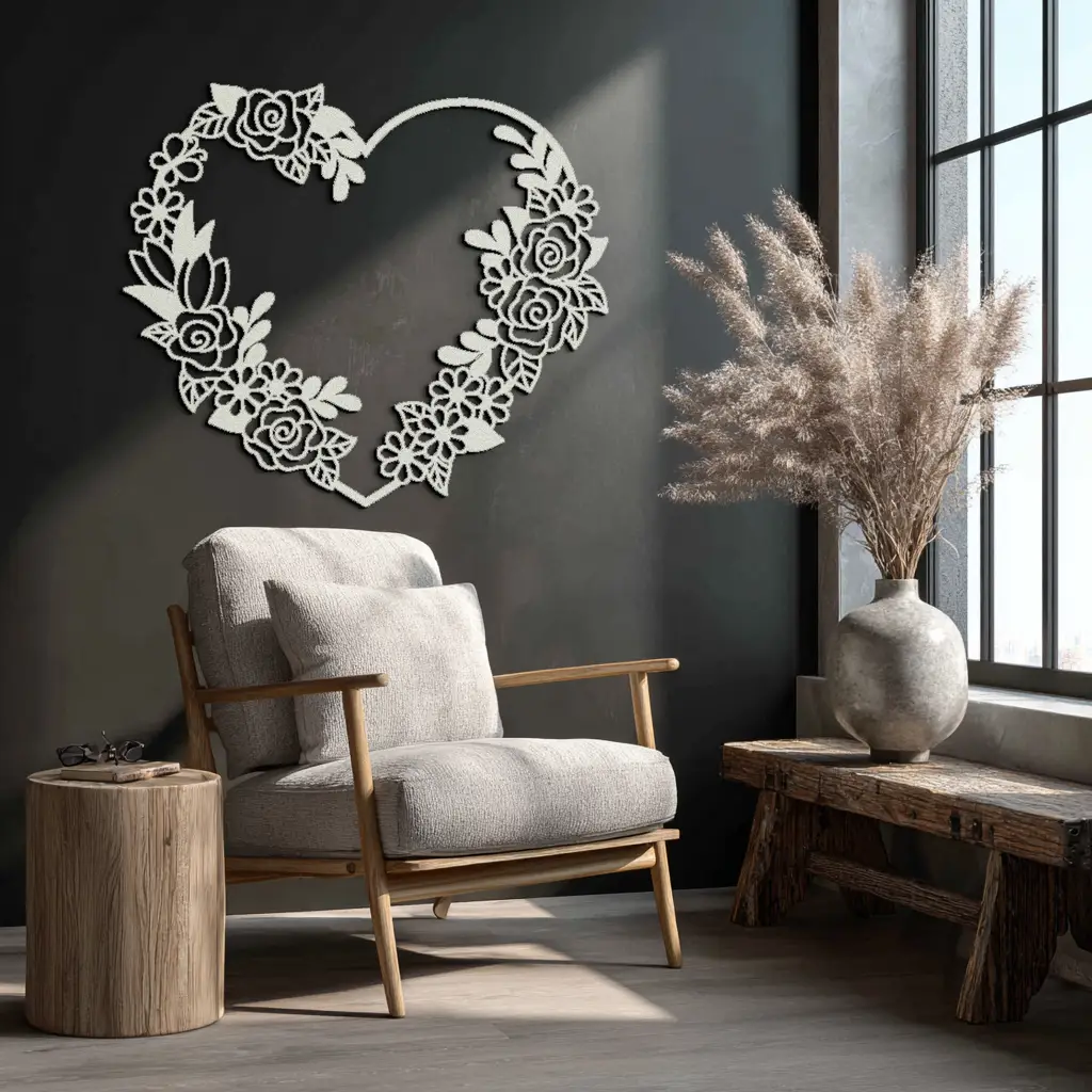 Floral Heart Metal Wall Art - Elegant Steel Rose Wreath - KAF107 by Enova Art