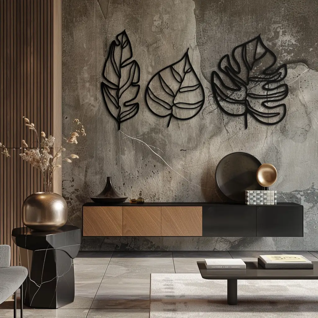 Geometric Leaf Trio Metal Wall Art - Modern Botanical Steel Decor - KAF114 by Enova Art