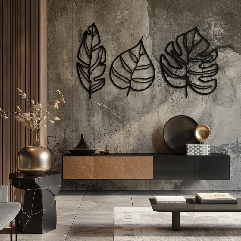 Geometric Leaf Trio Metal Wall Art - Modern Botanical Steel Decor - KAF114 by Enova Art
