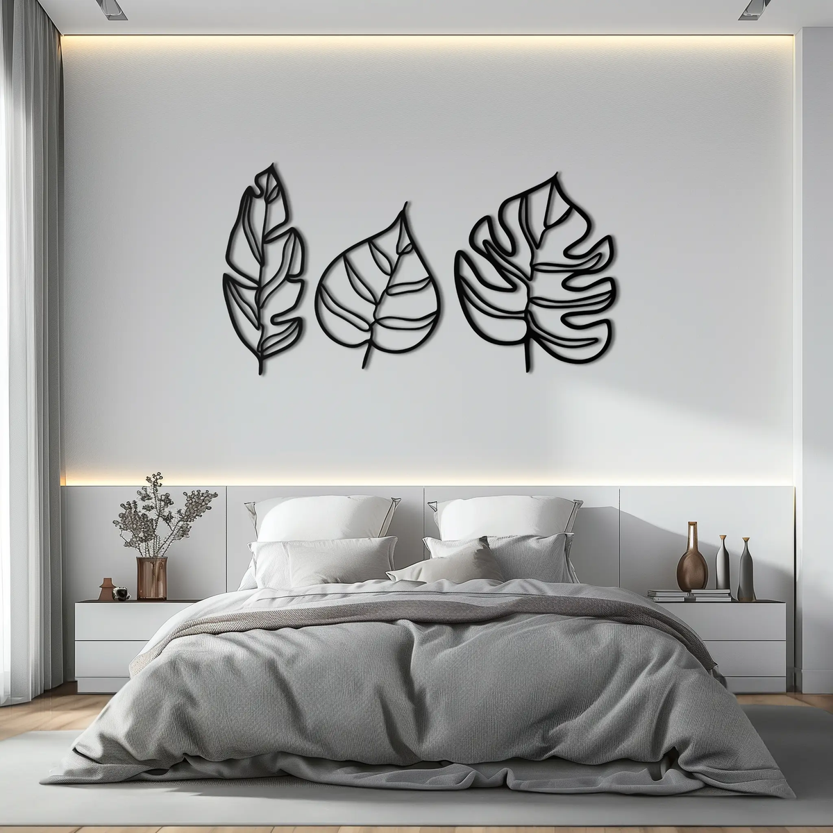 Geometric Leaf Trio Metal Wall Art - Modern Botanical Steel Decor - KAF114 by Enova Art