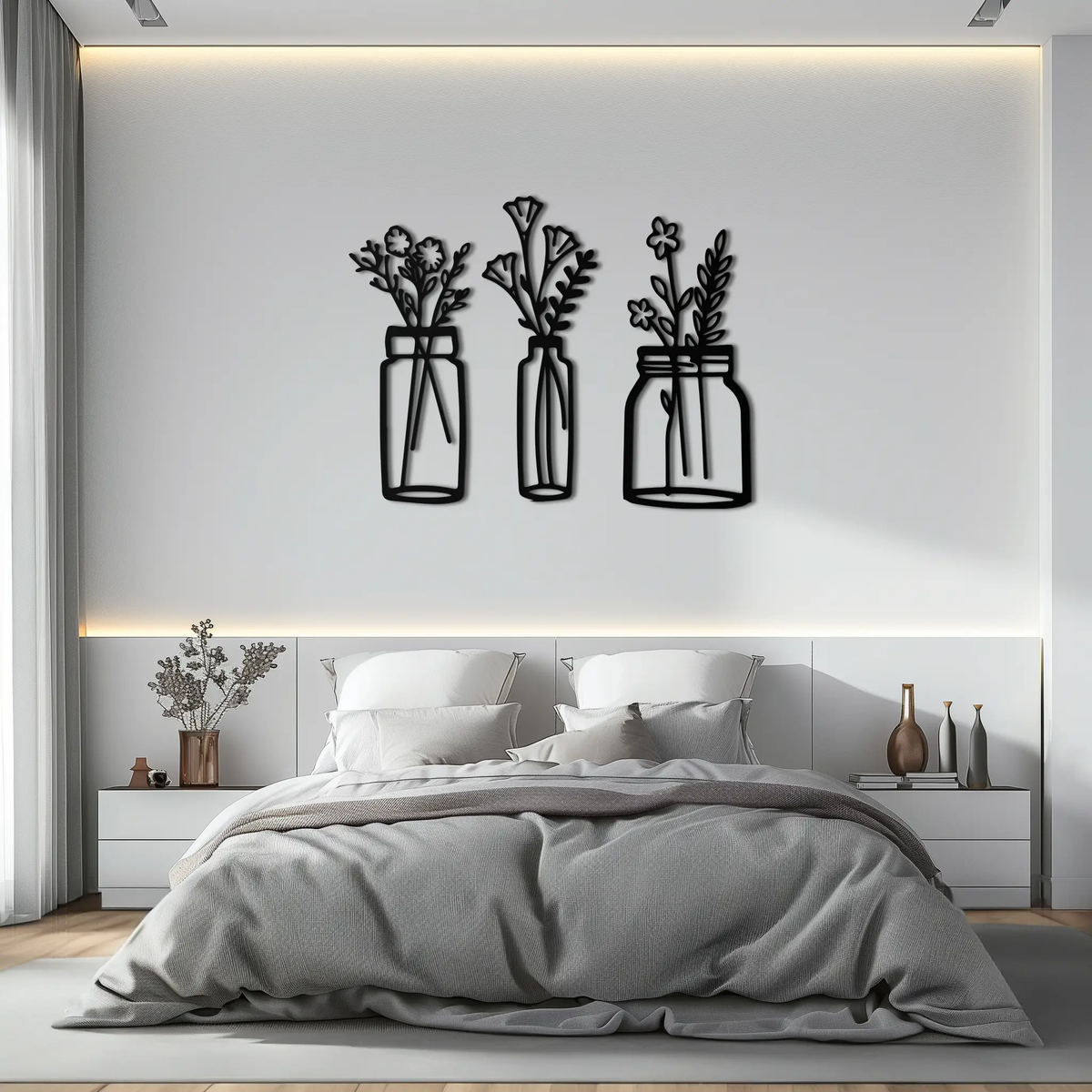 Floral Vase Metal Wall Art - 3-Piece Modern Steel Wall Decor - KAF118 by Enova Art