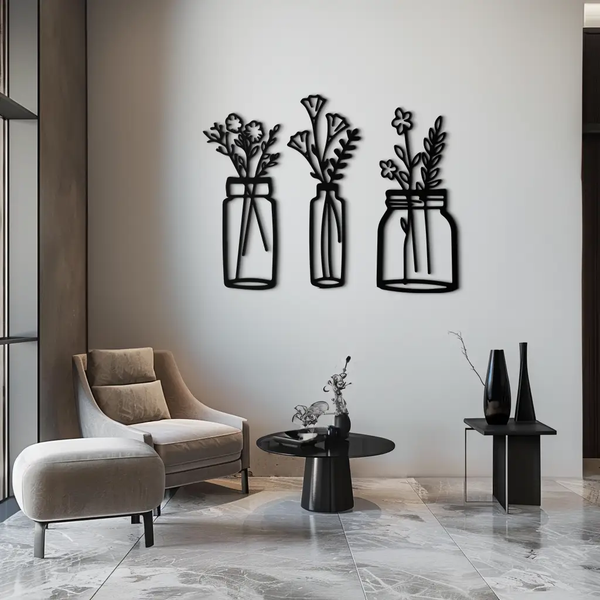 Floral Vase Metal Wall Art - 3-Piece Modern Steel Wall Decor - KAF118