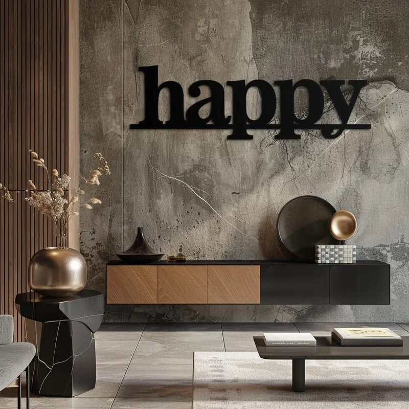 Happy Metal Wall Art - Modern Minimalist Word Sign Decor - KAF127 by Enova Art