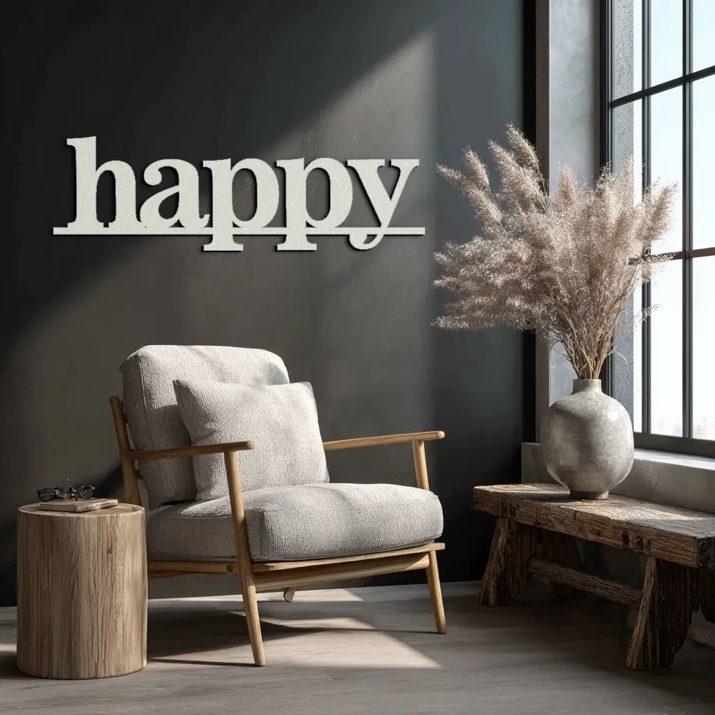 Happy Metal Wall Art - Modern Minimalist Word Sign Decor - KAF127 by Enova Art