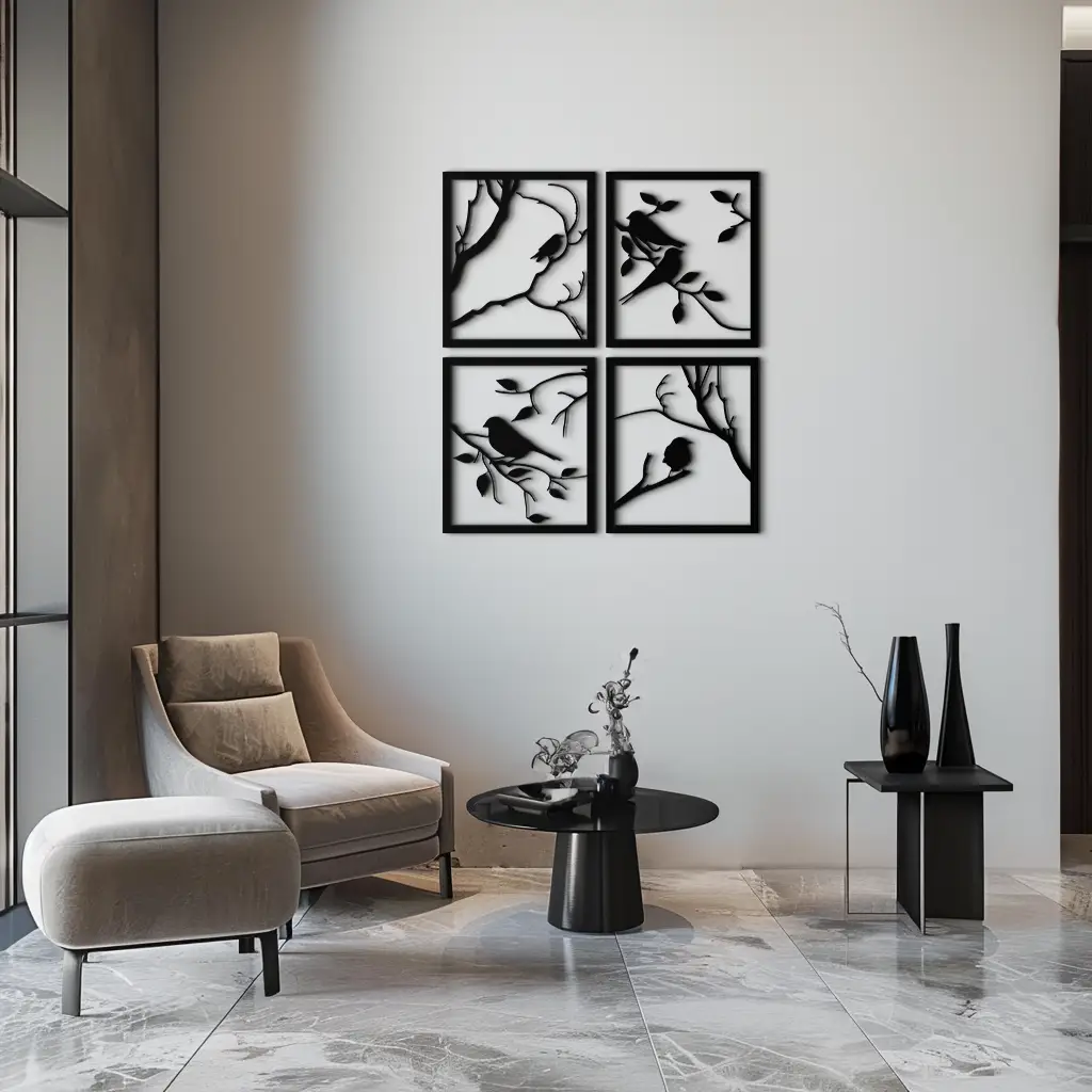Bird Silhouette Metal Wall Art - 4-Piece Modern Steel Wall Decor - KAF128 by Enova Art