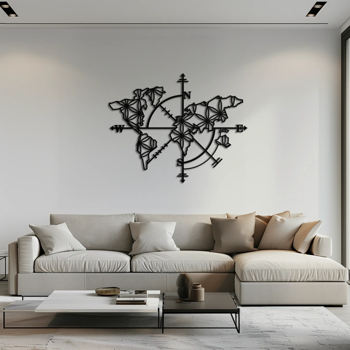 Geometric World Map Metal Wall Art - Modern Compass-Inspired Steel Decor - KAF131 by Enova Art