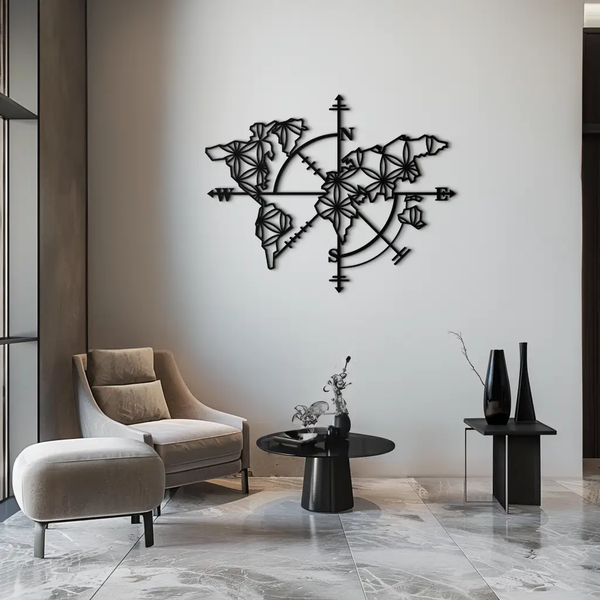 Geometric World Map Metal Wall Art - Modern Compass-Inspired Steel Decor - KAF131