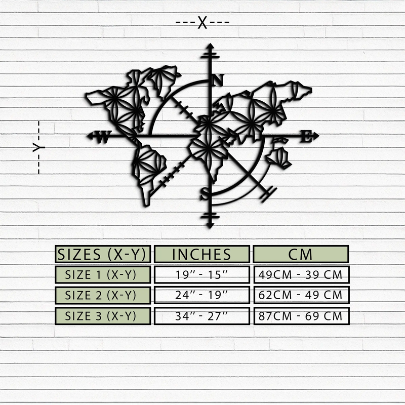 Geometric World Map Metal Wall Art - Modern Compass-Inspired Steel Decor - KAF131 by Enova Art