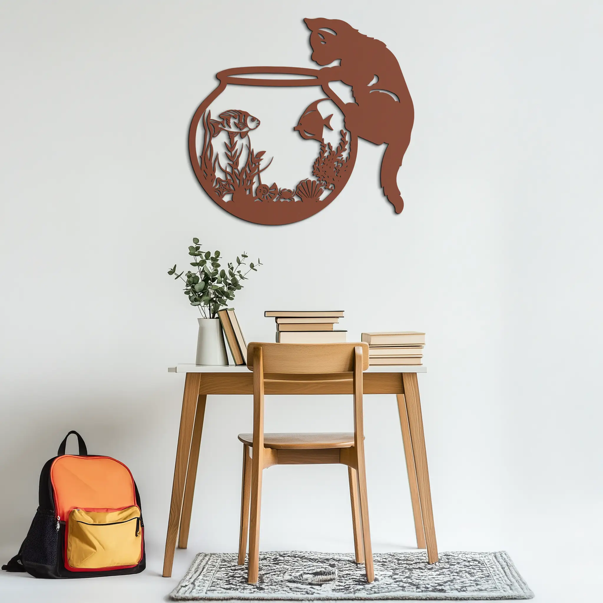 Curious Cat and Fishbowl Metal Wall Art - Playful Geometric Steel Decor - KAF135 by Enova Art