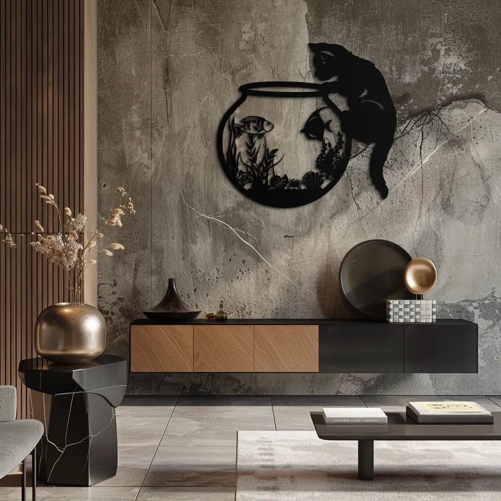 Curious Cat and Fishbowl Metal Wall Art - Playful Geometric Steel Decor - KAF135 by Enova Art