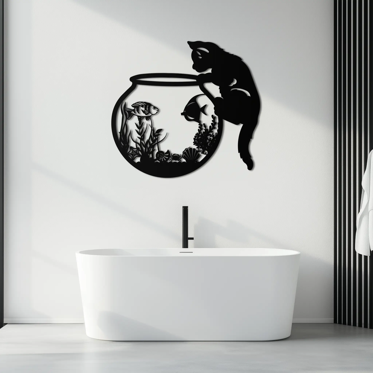 Curious Cat and Fishbowl Metal Wall Art - Playful Geometric Steel Decor - KAF135 by Enova Art