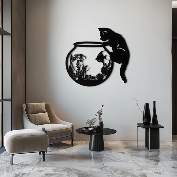 Curious Cat and Fishbowl Metal Wall Art - Playful Geometric Steel Decor - KAF135