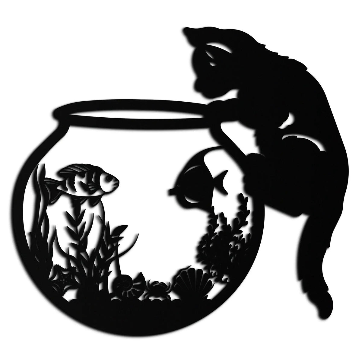 Curious Cat and Fishbowl Metal Wall Art - Playful Geometric Steel Decor - KAF135 by Enova Art