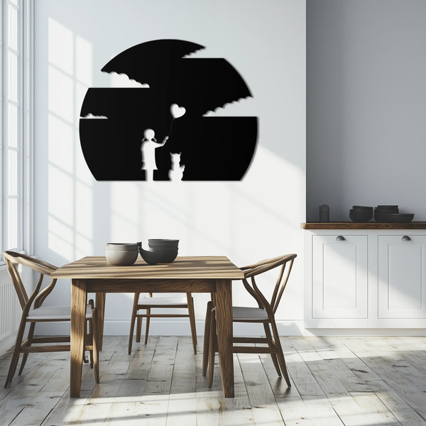 Heart Balloon Girl & Cat Metal Wall Art - Whimsical Steel Decor - KAF140