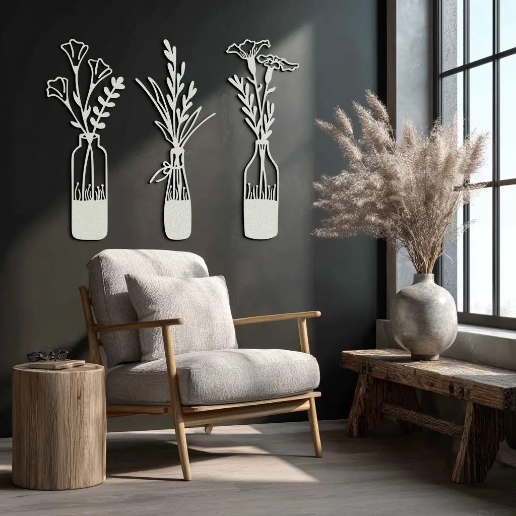 Rustic Floral Bottle Metal Wall Art - Elegant Vase & Flower Steel Decor - KAF142 by Enova Art