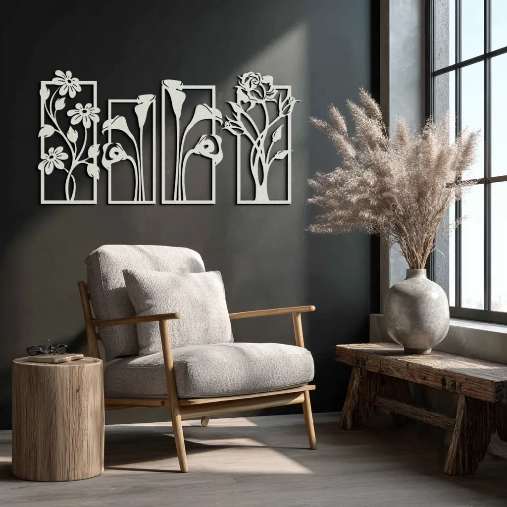 Floral Metal Wall Art - Elegant Botanical Panel Set- KAF167 by Enova Art