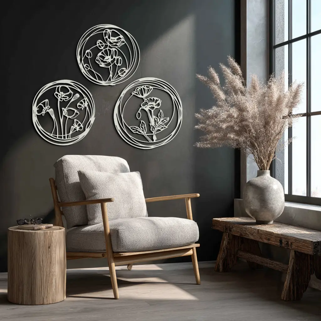 Floral Trio Metal Wall Art - Modern Botanical Circle Wall Decor- KAF168 by Enova Art