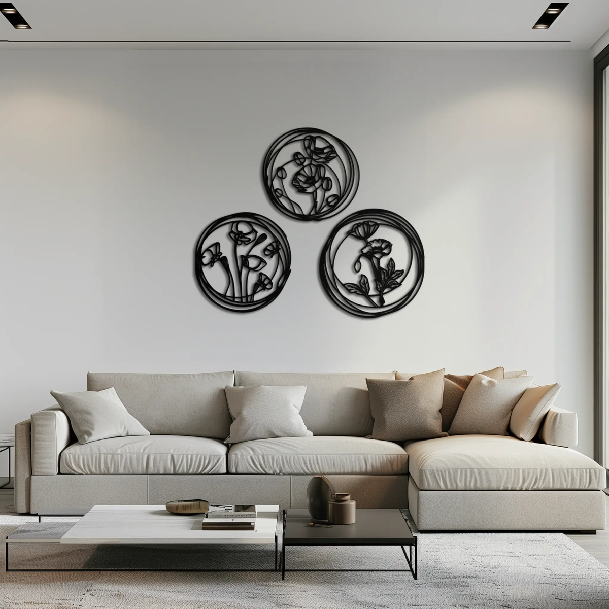 Floral Trio Metal Wall Art - Modern Botanical Circle Wall Decor- KAF168 by Enova Art