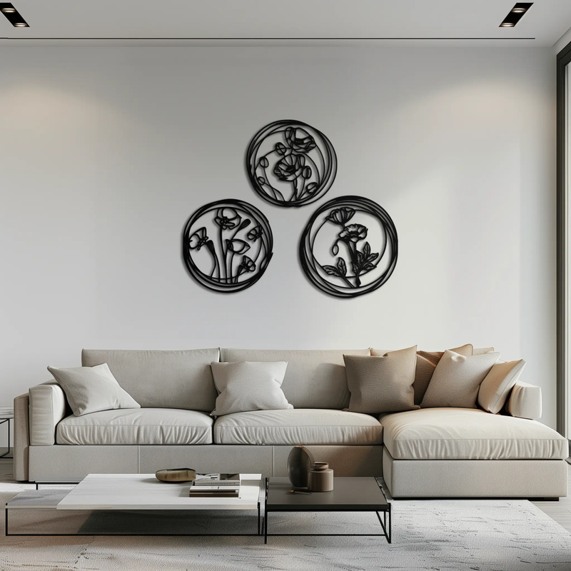 Floral Trio Metal Wall Art - Modern Botanical Circle Wall Decor- KAF168 by Enova Art