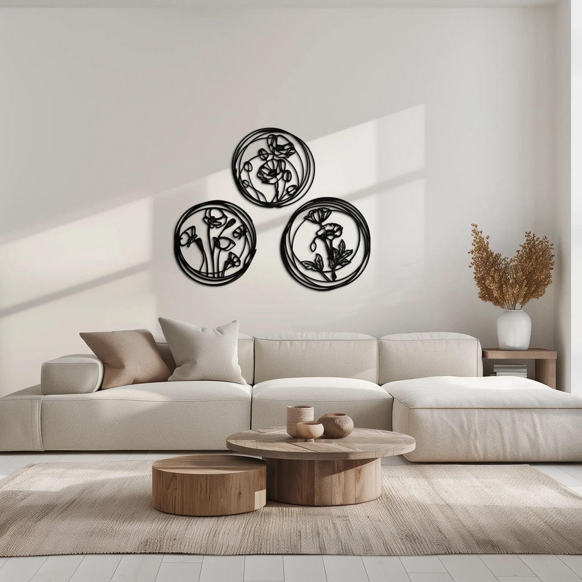 Floral Trio Metal Wall Art - Modern Botanical Circle Wall Decor- KAF168 by Enova Art
