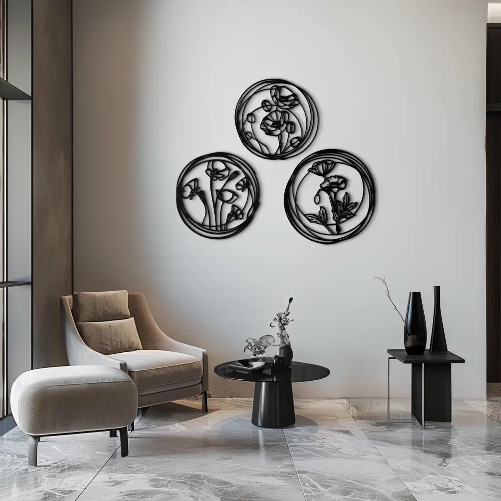 Floral Trio Metal Wall Art - Modern Botanical Circle Wall Decor- KAF168 by Enova Art