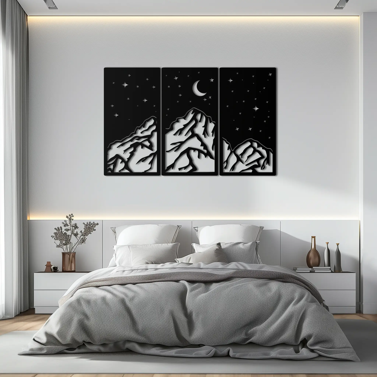 Mountain Nightscape Metal Wall Art - 3-Panel Modern Wall Decor - KAF202 by Enova Art