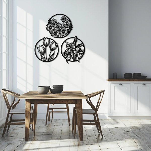 Floral Harmony Metal Wall Art - Set of Three Elegant Botanical Designs - KAF223