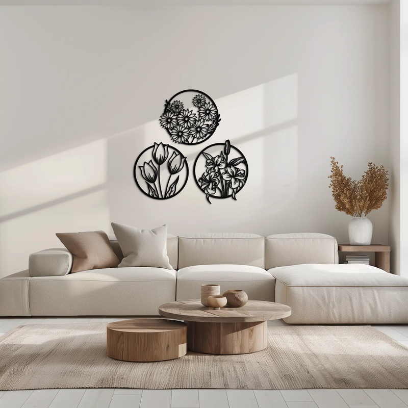 Floral Harmony Metal Wall Art - Set of Three Elegant Botanical Designs - KAF223 by Enova Art