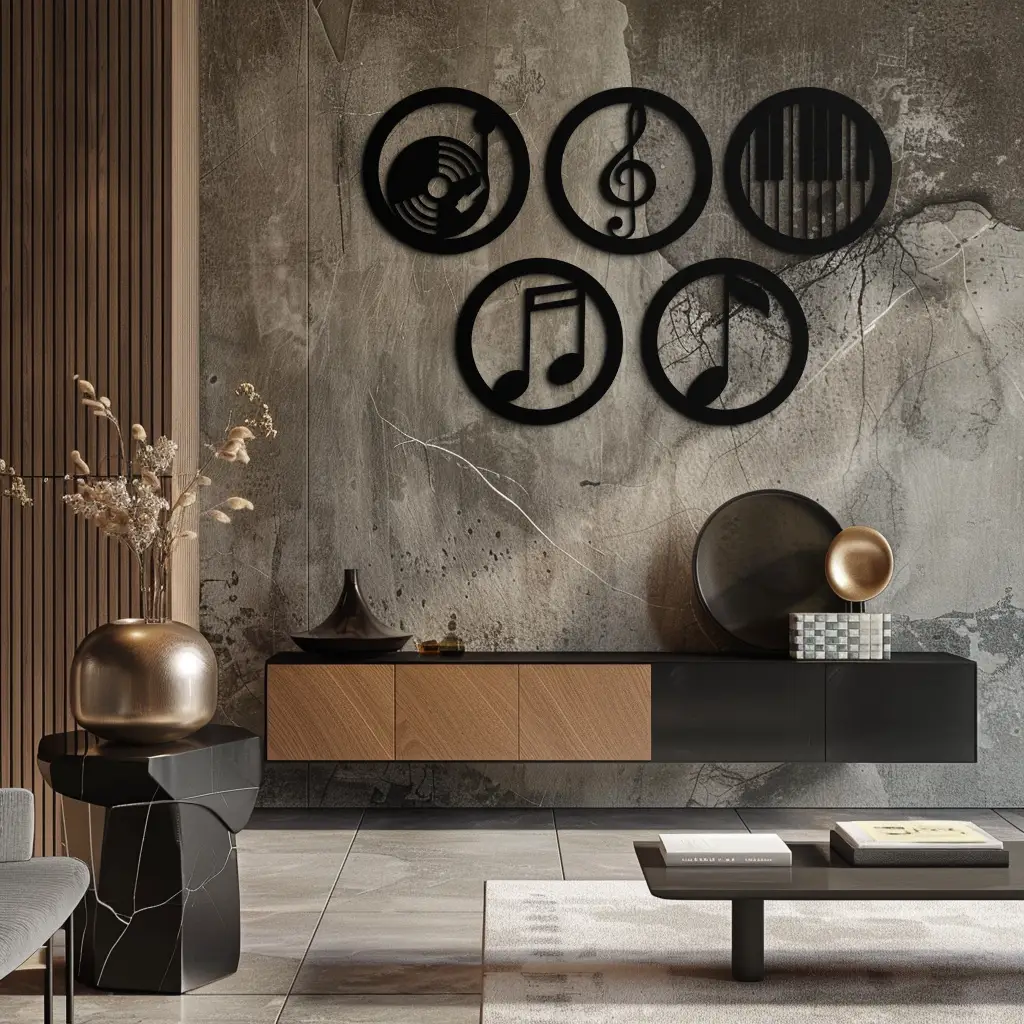 Music Notes & Instruments Wall Art - Modern Metal Music Decor- KAF257 by Enova Art
