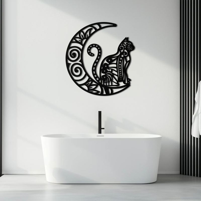 Moon & Cat Metal Wall Art – Mystical Feline Decor - KAF266 by Enova Art