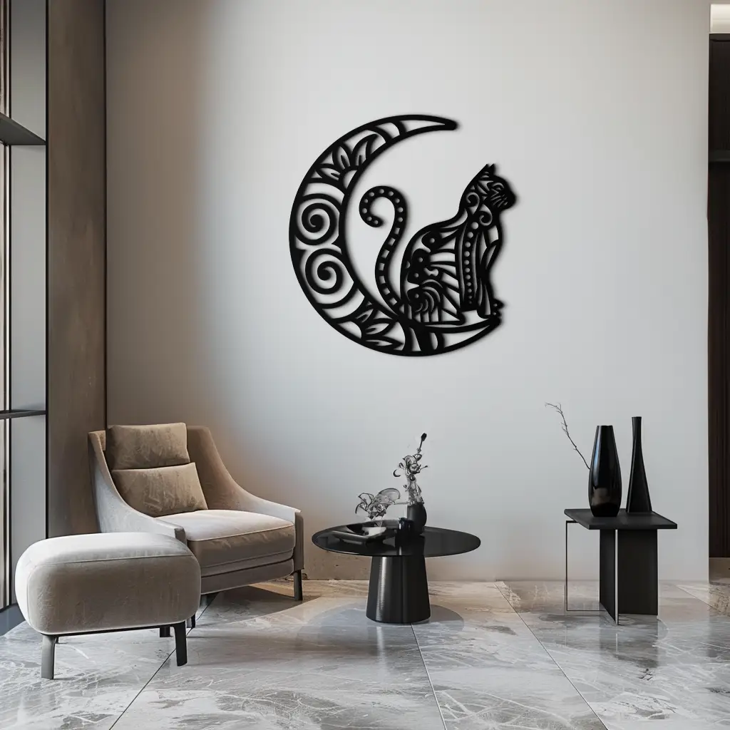 Moon & Cat Metal Wall Art – Mystical Feline Decor - KAF266 by Enova Art