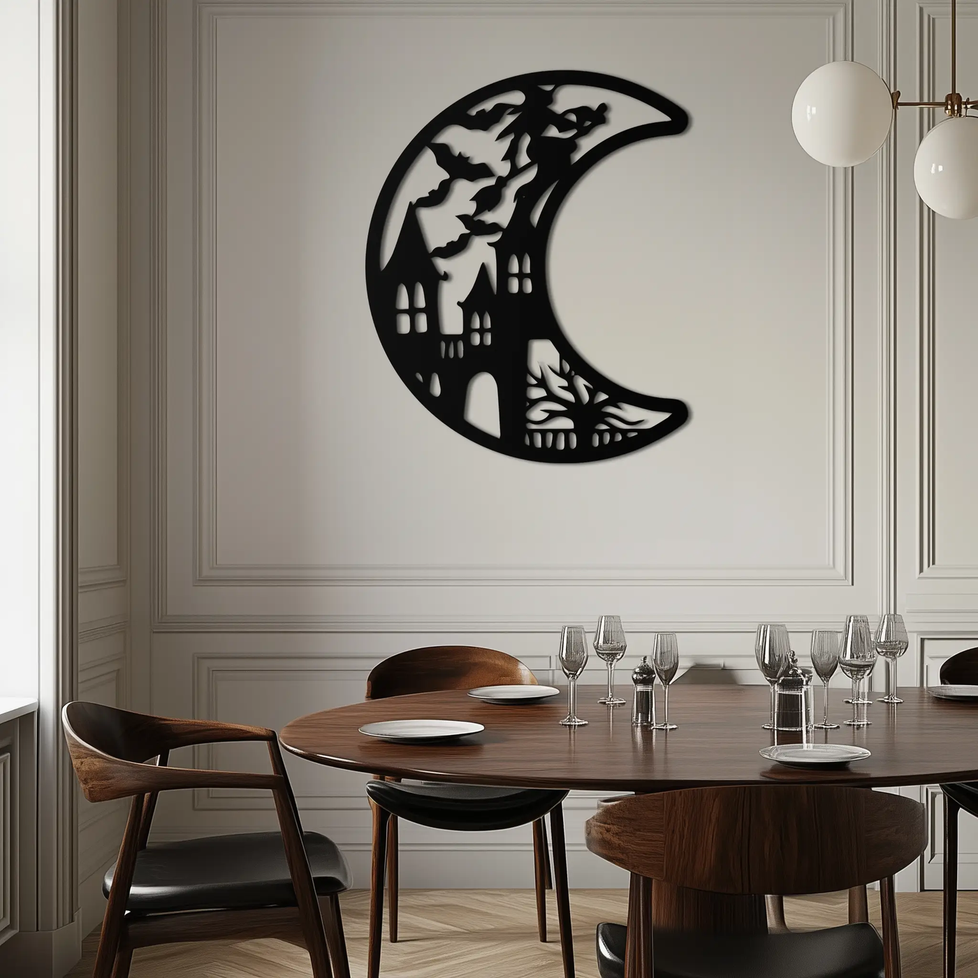 Haunted Moon Halloween Metal Wall Art - Witch & Castle Silhouette - KAF274 by Enova Art